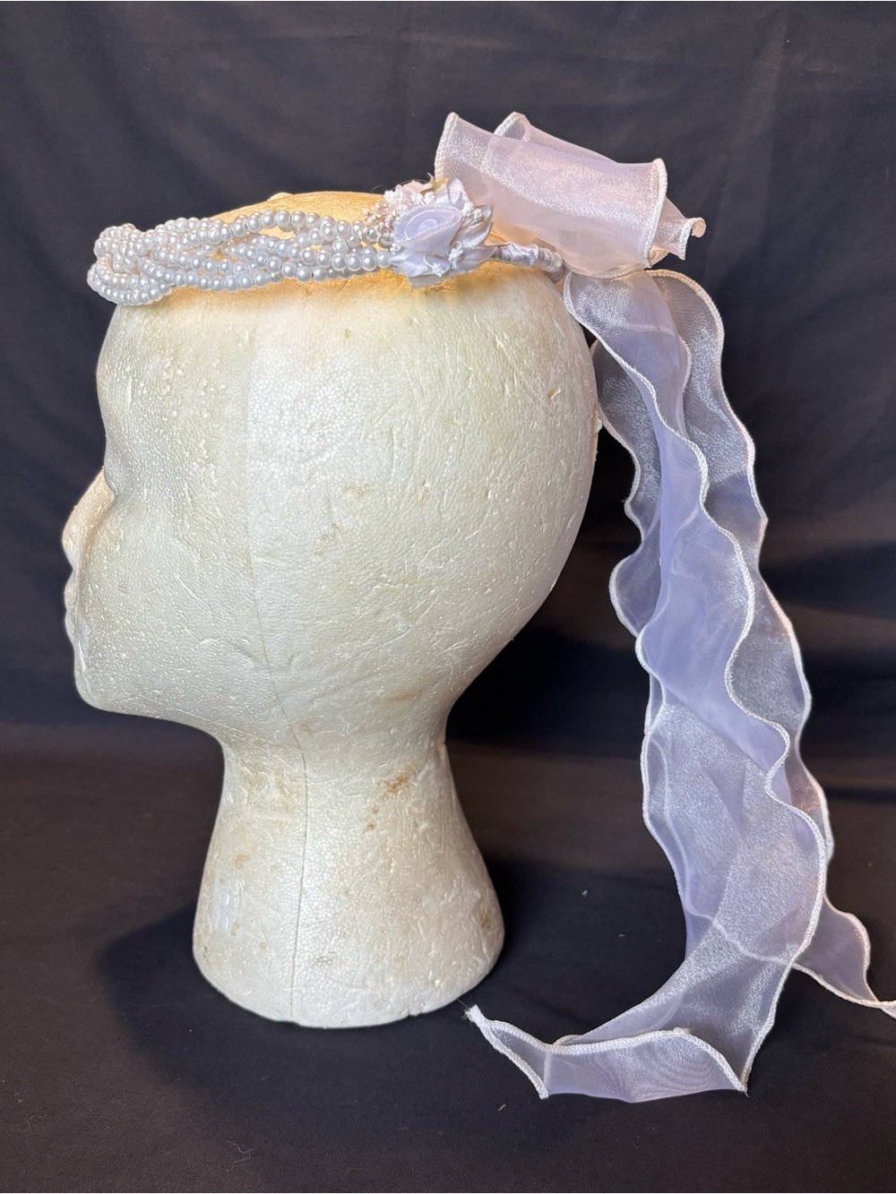 First Comunion, Wedding White Faux Pearls Braided Headband Crown w/Sheer Ribbon - Picture 6 of 7